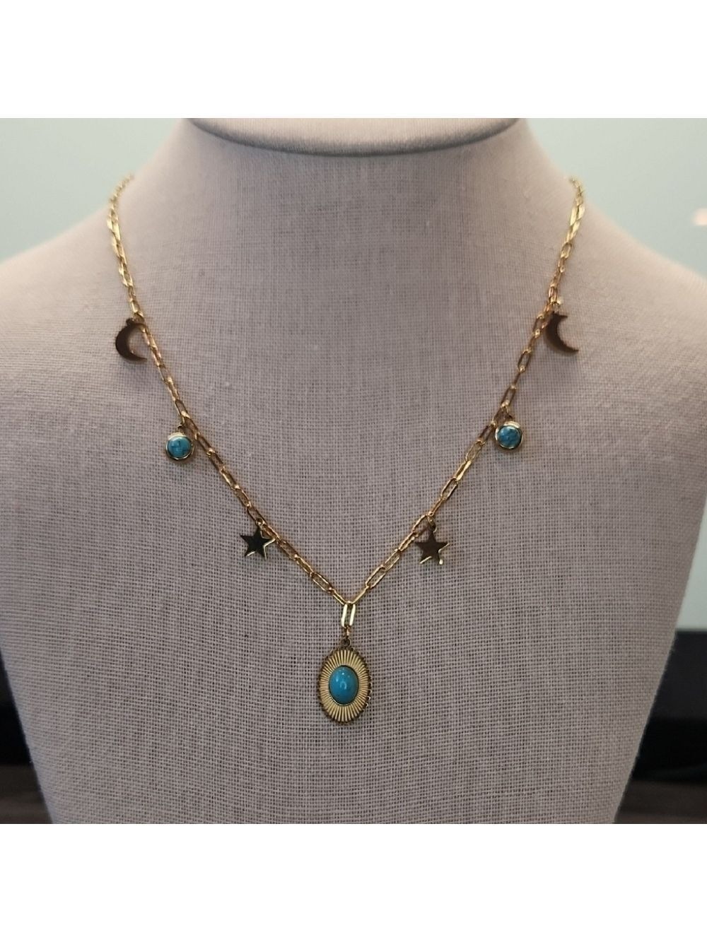 Gold and Blue Celestial Necklace with Charms, 18k Gold Plated Stainless Steel